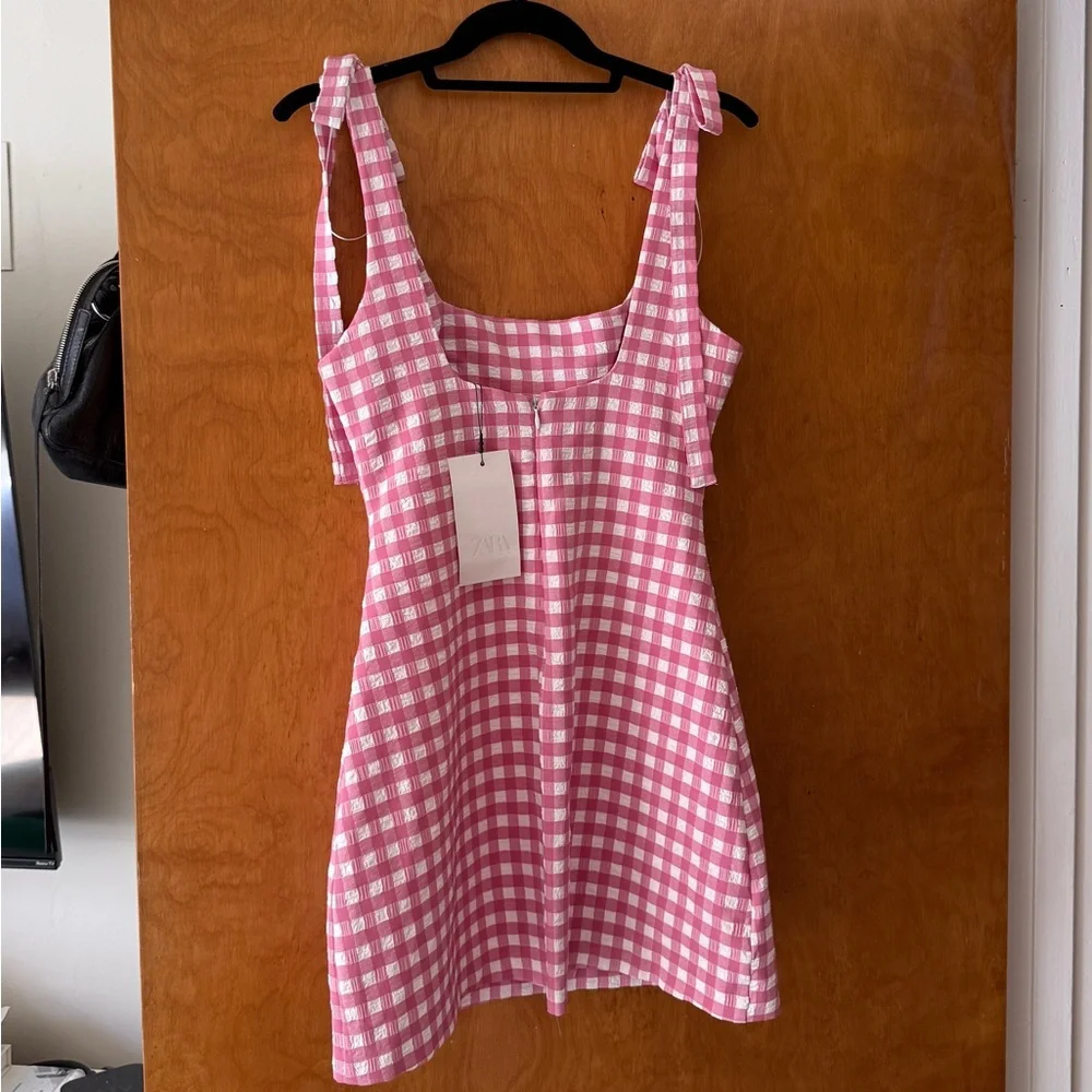Zara Pink and White Gingham Tie-Shoulder Mini Dress - Picture 3 of 5